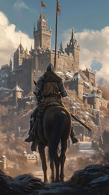 Photo fantasy roleplay knight in front of medieval castle