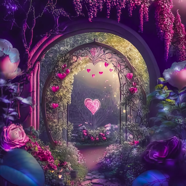 Fantasy romantic background with rose garden and flower arch Generative AI