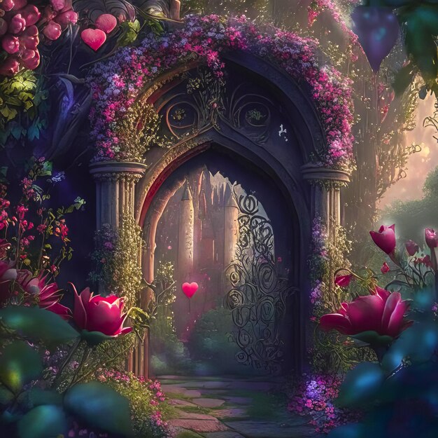 Fantasy romantic background with rose garden and flower arch Generative AI