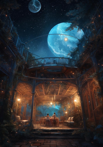 A fantasy room with a moon in the sky