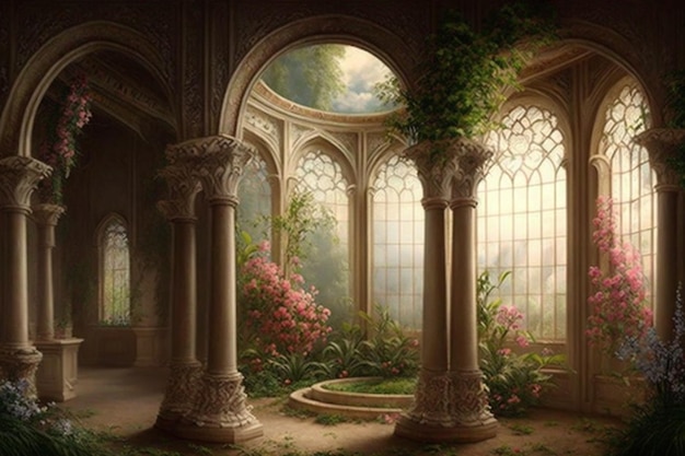 A fantasy room with a view of the garden.