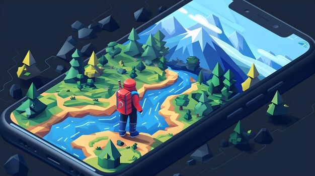 Photo fantasy rpg mobile gaming player embarks on epic quests in vast landscapes isometric flat icon il