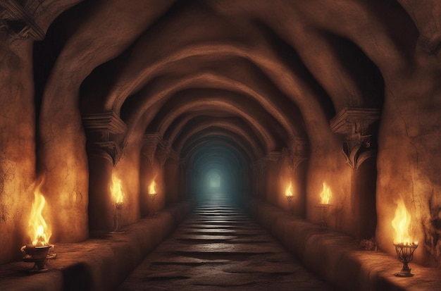 Fantasy Scary endless medieval catacombs with torches