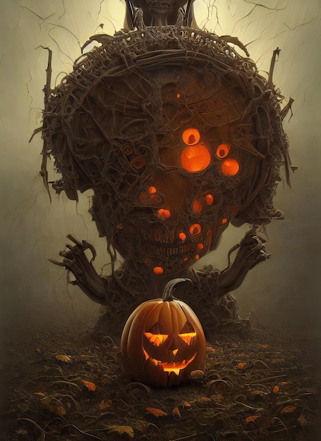 Fantasy scary forest stump monster with many red eyes says boo halloween ai generated illustration