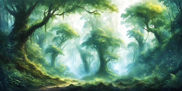 A fantasy scene of a forest filled with trees featuring a winding path that leads to a clearing The trees in the scene are tall and lush creating a sense of depth and an otherworldly atmosphere