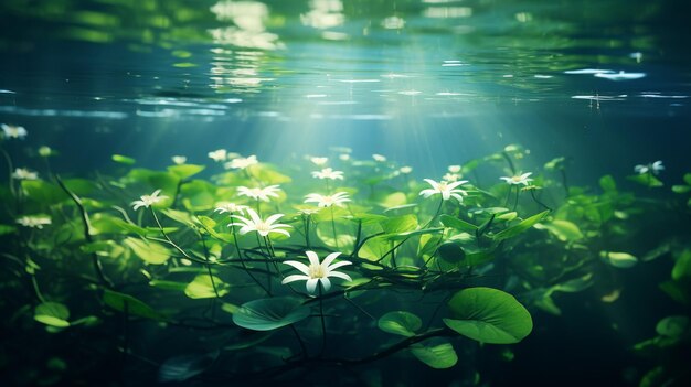 Fantasy scene of green leaves floating on water ai generate