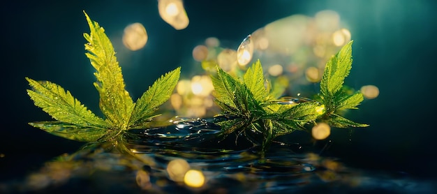 Fantasy scene of green leaves floating on water Digital 3D illustration