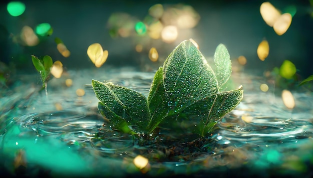 물 위에 떠 있는 녹색 잎의 판타지 장면 디지털 3D 그림