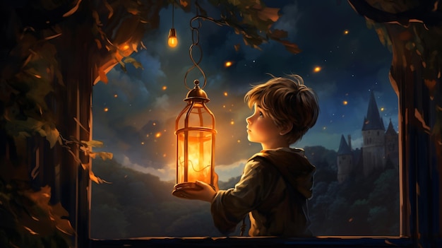 Fantasy scene of the kid holding a lantern and look