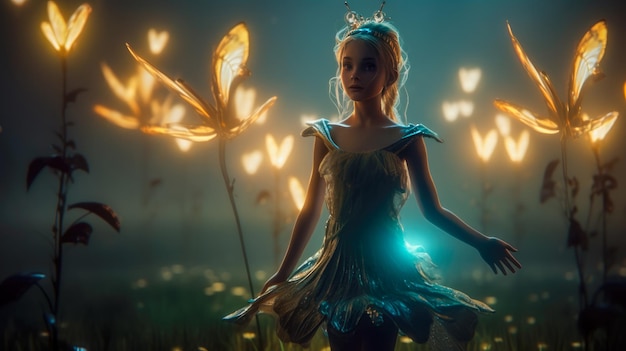 Foto scena fantastica di una principessa foresta magica flora luminosa e insetti stravaganti