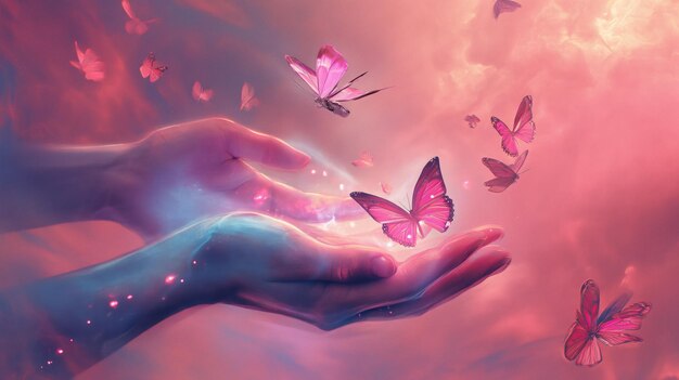 Fantasy scene two hands gently hold a burst of energy from which butterflies emerge all enveloped in a mystical pink haze