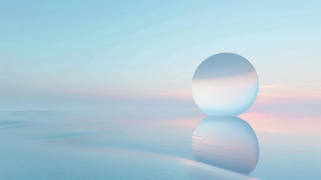 Фантастическая сцена обои с 3D рендерингом абстрактный минималистский фон спокойная вода круглый зеркальный диск и пастельный синий градиент небо скандинавский футуристический пейзаж