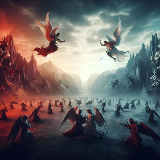 Fantasy scene with a battle angels and demons scene 3d render illustration