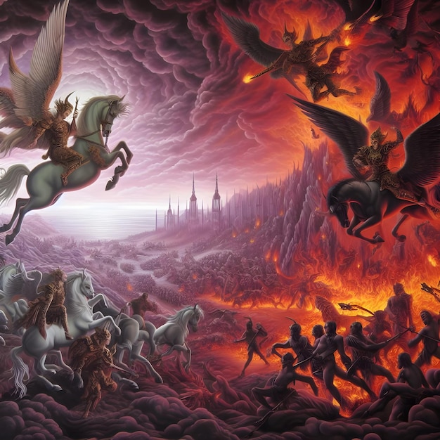 Fantasy scene with a battle angels and demons scene 3d render illustration