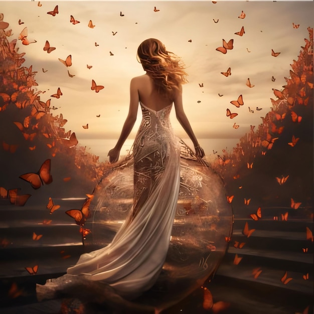 Fantasy scene with a beautiful woman and butterflies 3d rendering