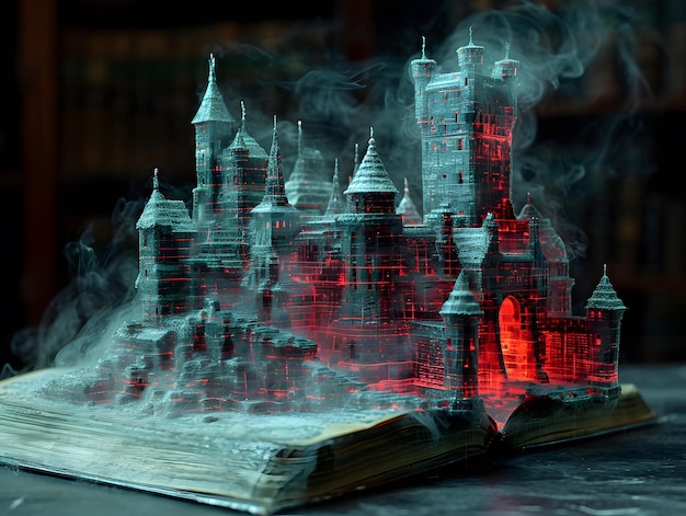 Photo fantasy scene with castle and magic book with red light 3d rendering