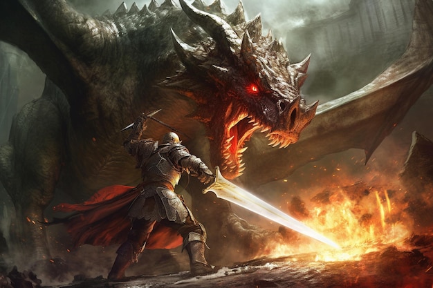 Фантастическая сцена с драконом и рыцарем в битве