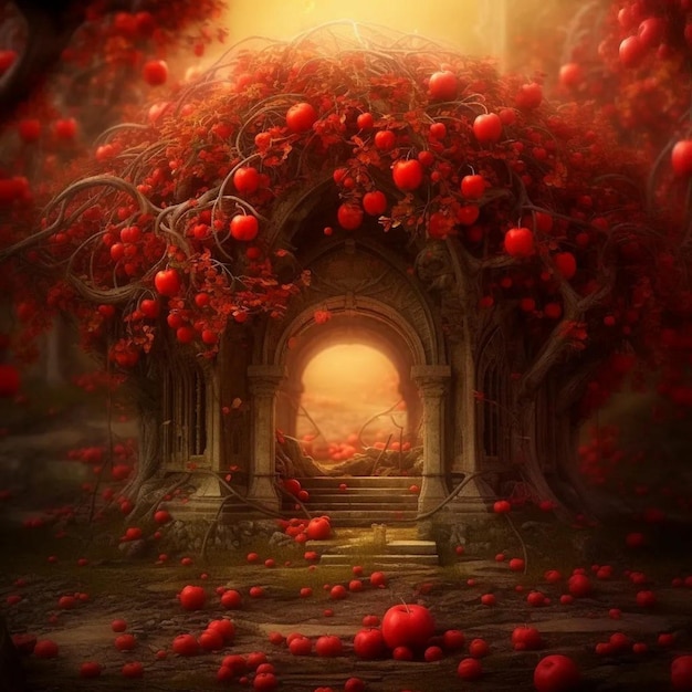 A fantasy scene with a gate and a tree with red leaves on it