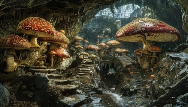 Photo a fantasy scene with a group of red mushroom houses