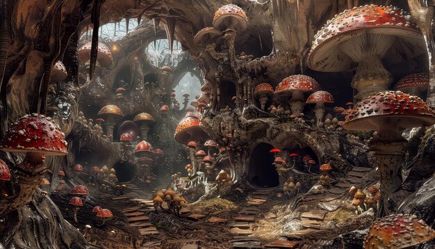 A fantasy scene with a group of red mushroom houses