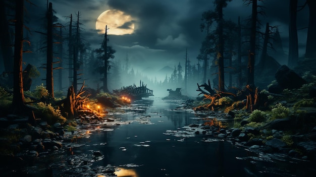 Фантастическая сцена с волшебным лесом и растениями