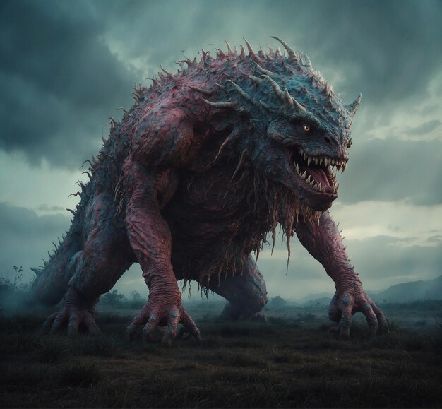 Photo fantasy scene with monster in the field 3d illustration