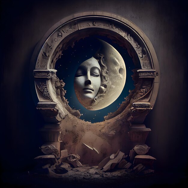 Fantasy scene with a moon and the face of a woman