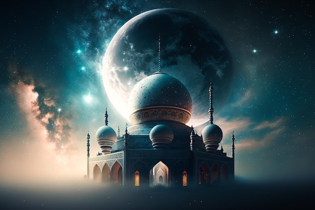 A fantasy scene with a mosque and the moon in the background.