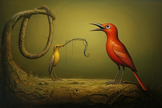 Photo fantasy scene with a red bird and a bird with a fishing rod a bird passing a message to another through a worm ai generated