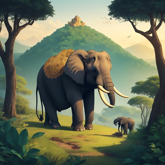 Fantasy scene for World Animal Day with cute elephant and beautiful forest or hills