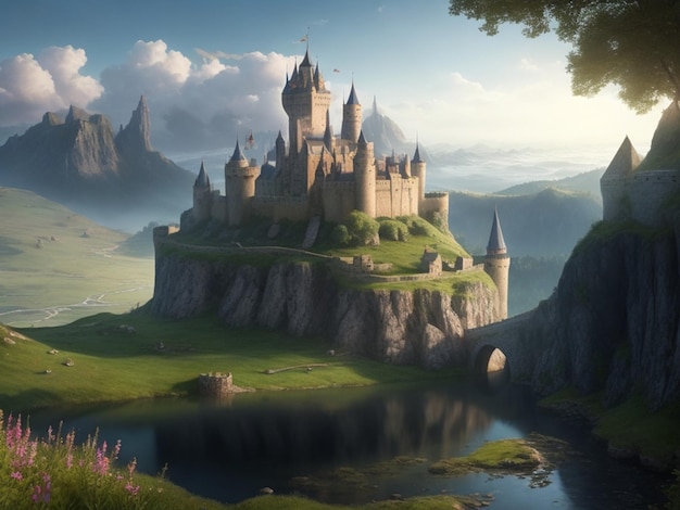 Fantasy scenery and beautiful magical landscape medieval castle