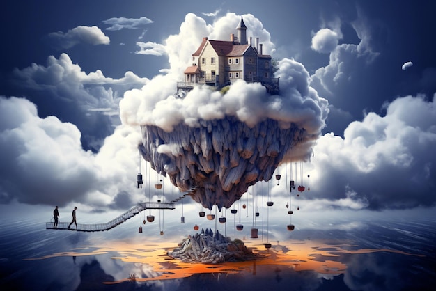 Fantasy scenery house floating on a big rock over blue sky with fluffy clouds generative ai