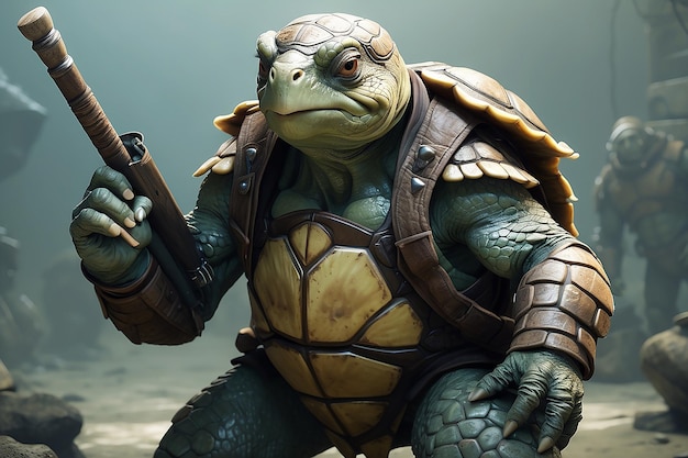 Foto fantasy schildpad personage klaar voor de oorlog met geavanceerde technologie