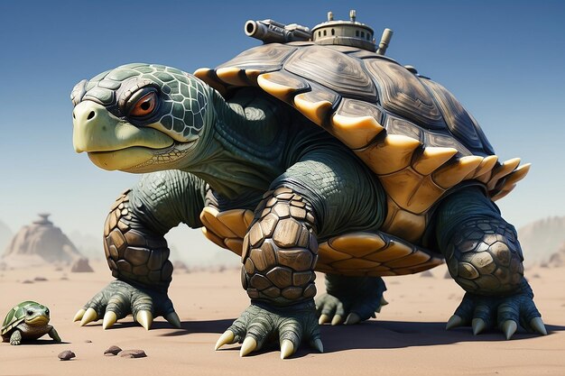 Fantasy schildpad personage klaar voor de oorlog met geavanceerde technologie