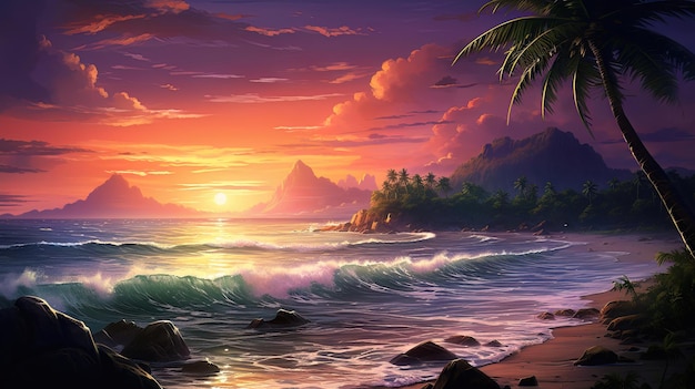 Fantasy seascape neon sunset