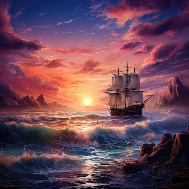 Fantasy seascape neon sunset