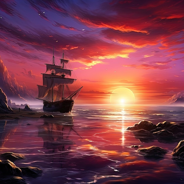 Fantasy seascape neon sunset