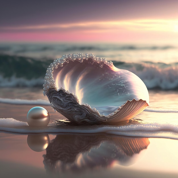 Fantasy seascape seashell with pearls on the ocean waves sea foam sunset AI