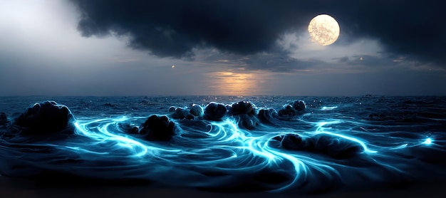 фантастический морской пейзаж с красивыми волнами и пеной. 3D рендеринг. Растровая иллюстрация.