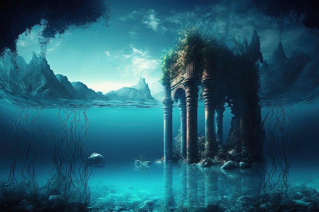 Photo fantasy seascape with lost city generative ai