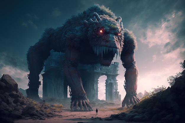 孤立した古い放棄された廃墟の街に巨大な怪獣がいるファンタジー設定