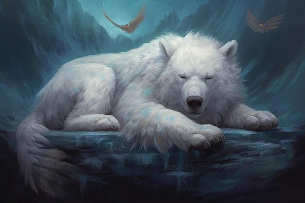 Fantasy Slumberbeast giant with fluffy cloud like fur and wings with power to bring peaceful and restful dreams to all who encounter it illustration generative ai