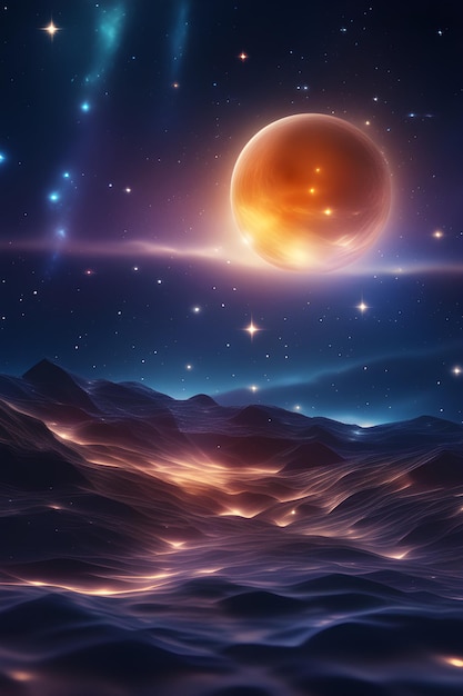 Fantasy space background with planet and stars 3D illustration