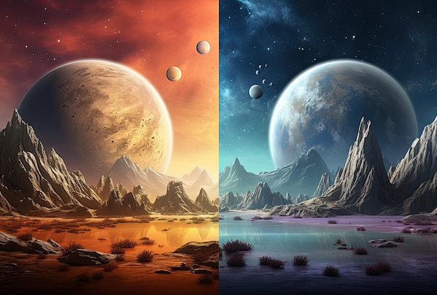 Fantasy space background with planets and stars 3D illustration