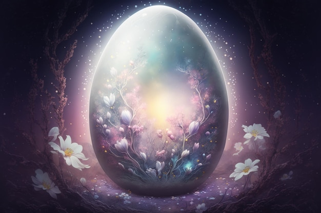 Fantasy spectral Easter egg in fantasy fairy mist with flowers festive background