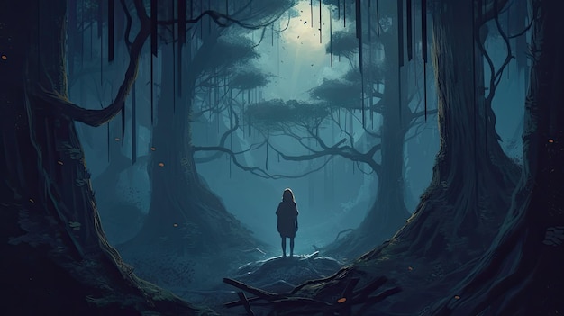 Fantasy spooky dark forest with fog and silhouette of a woman