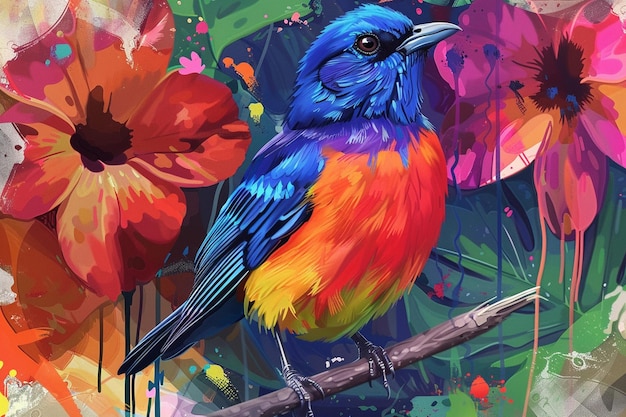 Foto scena fantastica primaverile illustrazione colorata della foresta con fiori d'uccello e fantasia