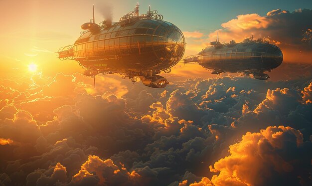 Fantasy steampunk luchtschepen drijven tussen de wolken tegen een dramatische zonsondergang achtergrond oproepen