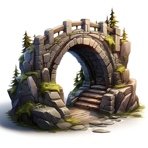 Fantasy stone bridge in the forest 3d render illustration isolated on white background