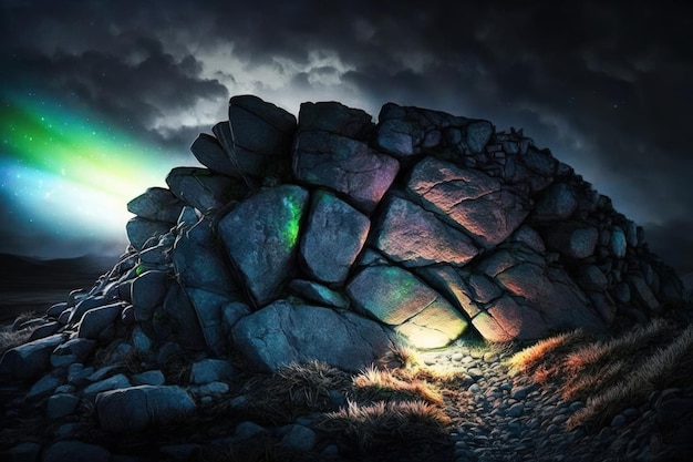 Фэнтези камни абстрактный фон с неоновыми огнями